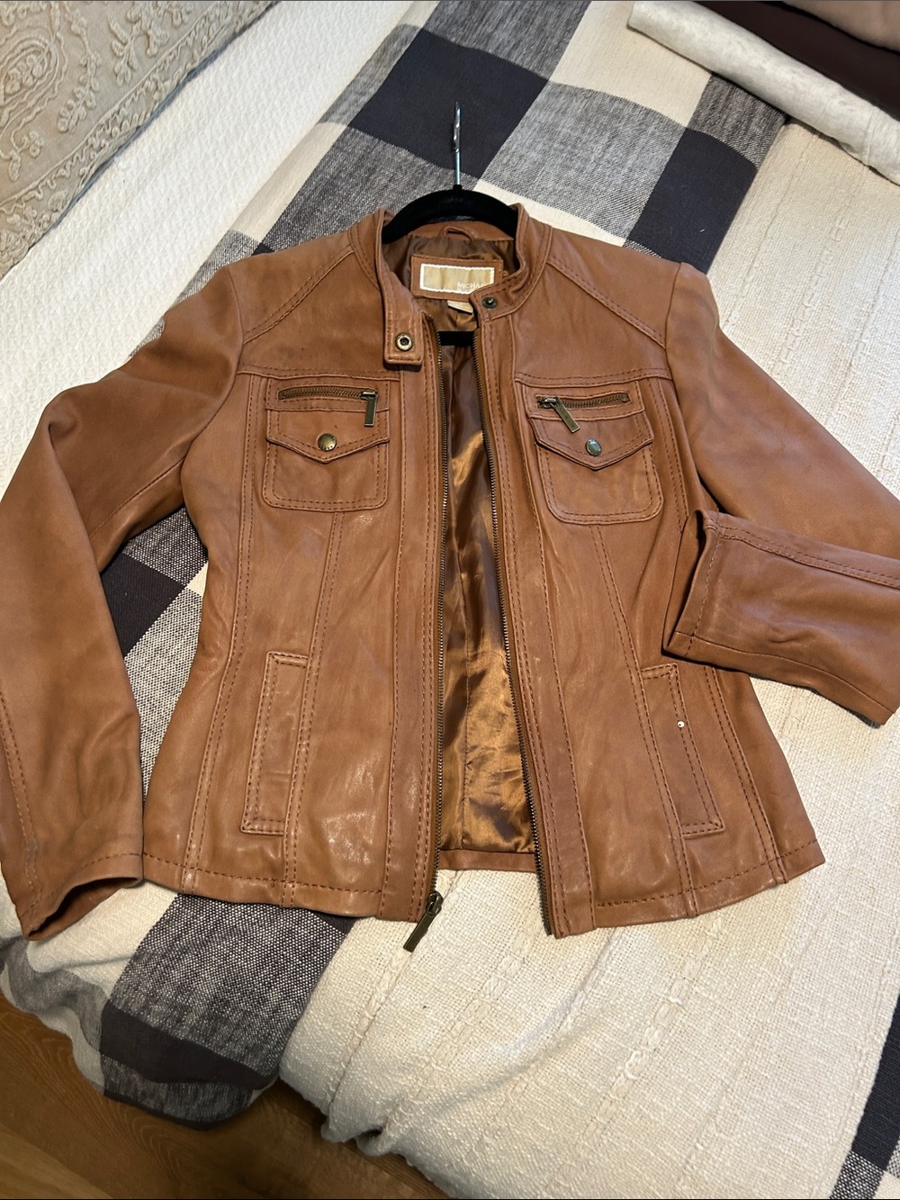Michael Kors Cognac Brown Leather Moto Jacket with Chest Pockets (Sm - size 4)